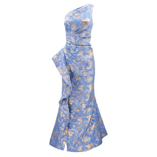 Jacquard One Shoulder Side Ruffle Gown
