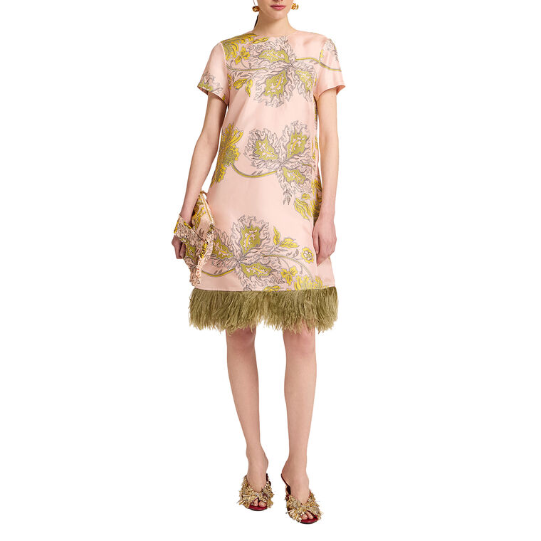 Short Sleeve Mini Swing Dress With Feather Trim image number null