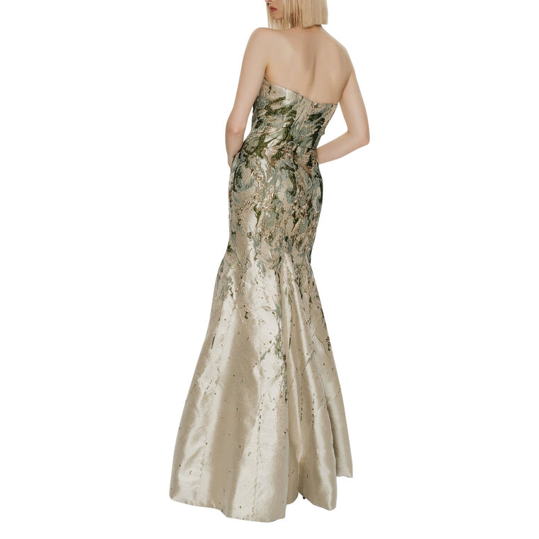 Abstract Brocade Strapless Gown With Matching Stole image number null