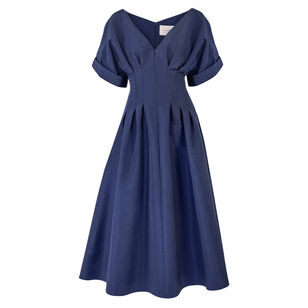 Short Sleeve V-Neck Gathered Waist Midi Dress