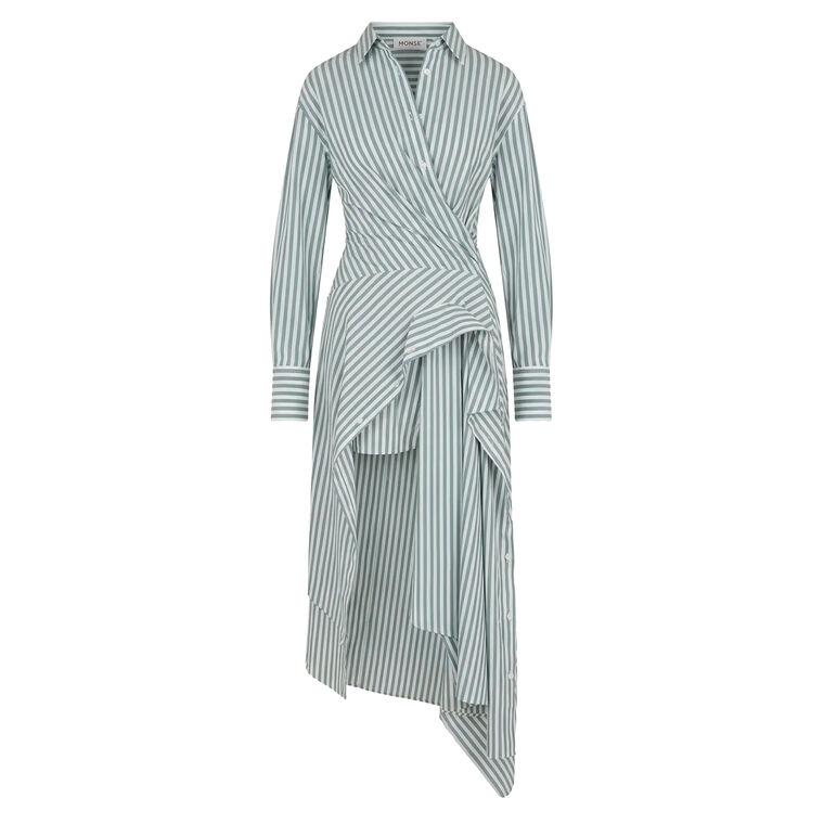 Long Sleeve Striped Cascade Midi Shirt Dress image number null