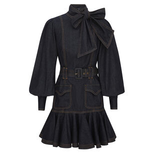 Long Sleeve Tie-Neck Denim Flip Belted Mini Dress