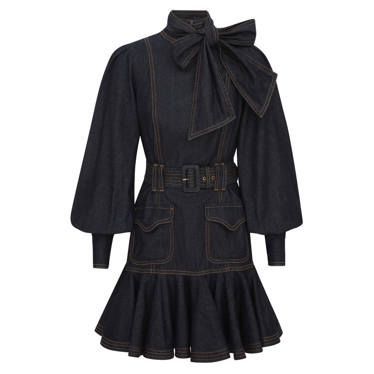 Long Sleeve Tie-Neck Denim Flip Belted Mini Dress image number null