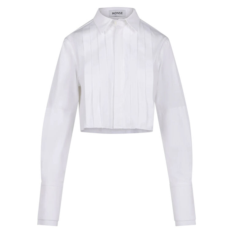 Cropped Long Sleeve Pleated Tuexdo Shirt image number null