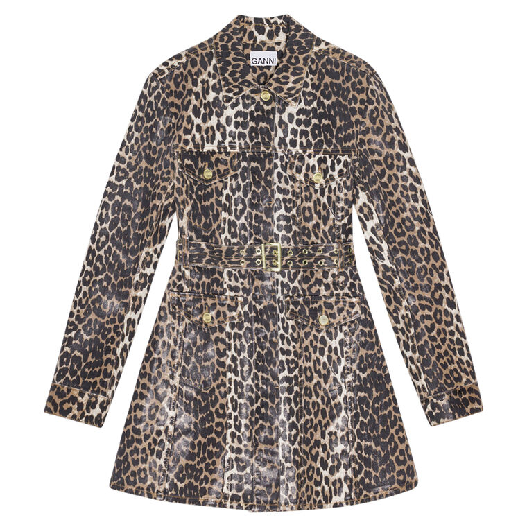Leopard Print Foil Denim Belted Mini Dress image number null