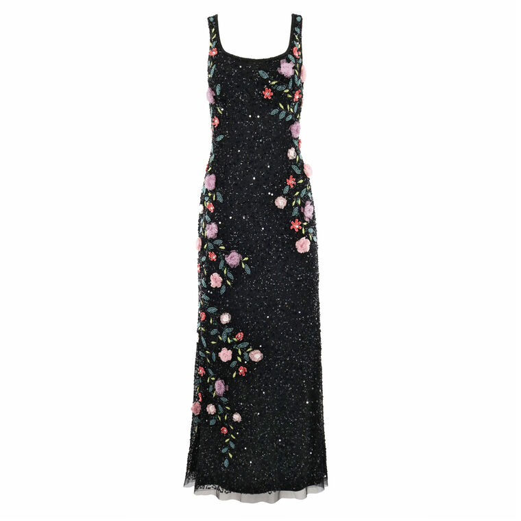Sleeveless Floral Beaded Mesh Scoop Neck Column Gown image number null