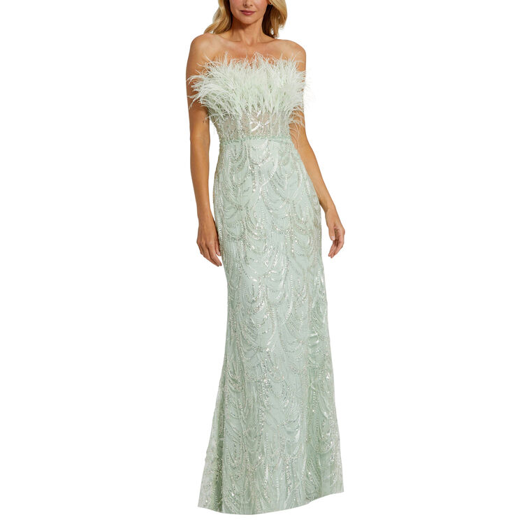 Strapless Feather Bustier Gown With Embroidery image number null