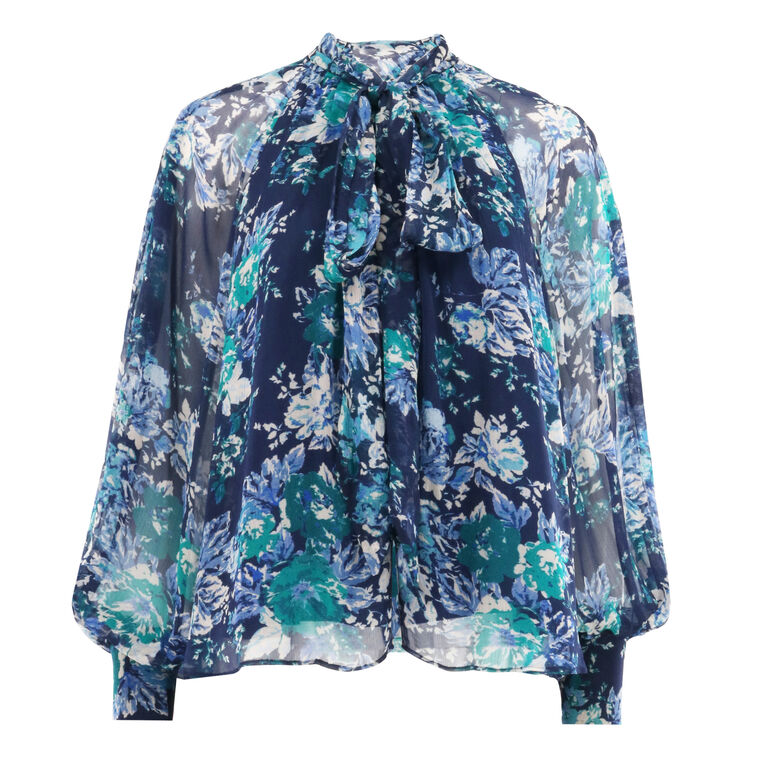 Aderyn Long Sleeve Floral Tapestry Tie Neck Blouse image number null