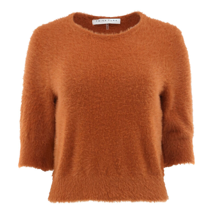 Maliah Fuzzy Knit Round Neck Elbow Sleeve Top image number null