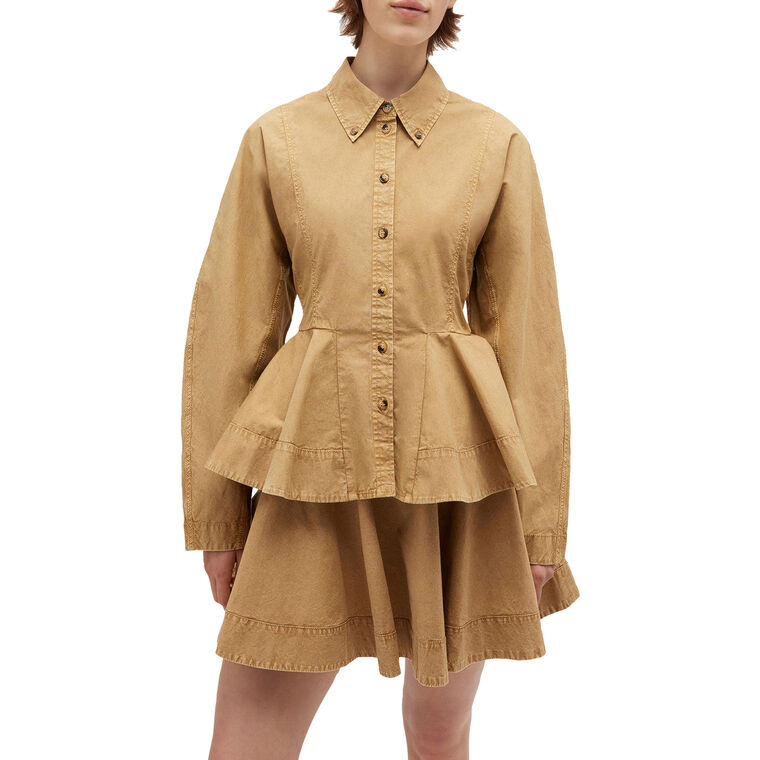 Washed Stretch Cotton Long Sleeve Peplum Shirt image number null