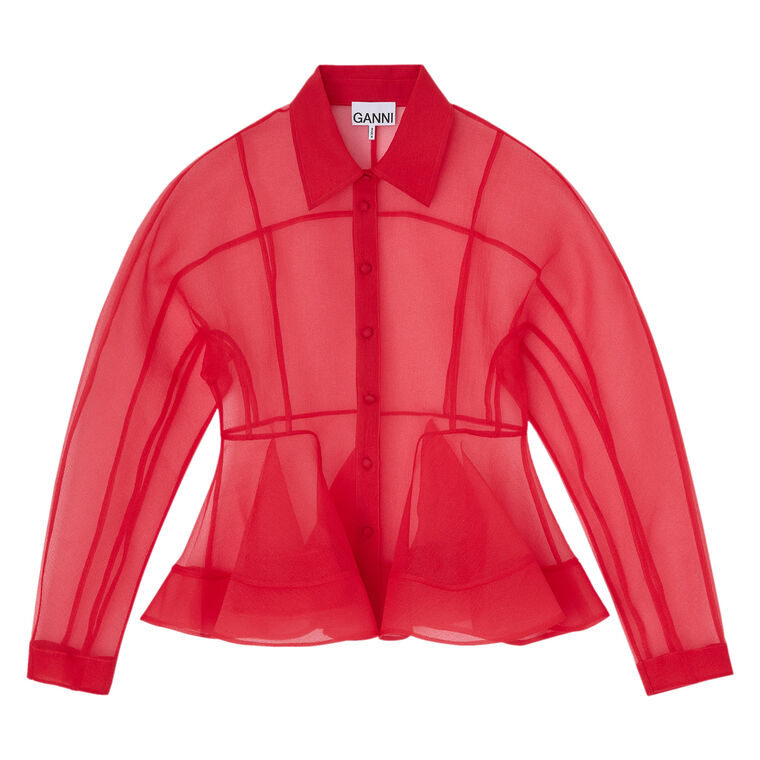 Long Sleeve Textured Organza Peplum Shirt image number null