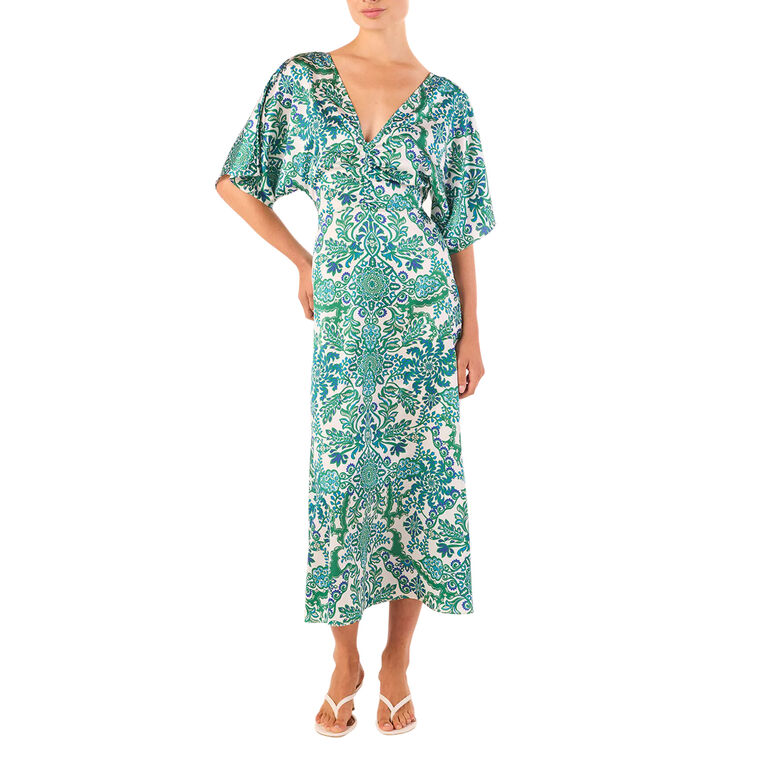 Zania Kimono-Sleeve V-Neck Satin Midi Dress image number null