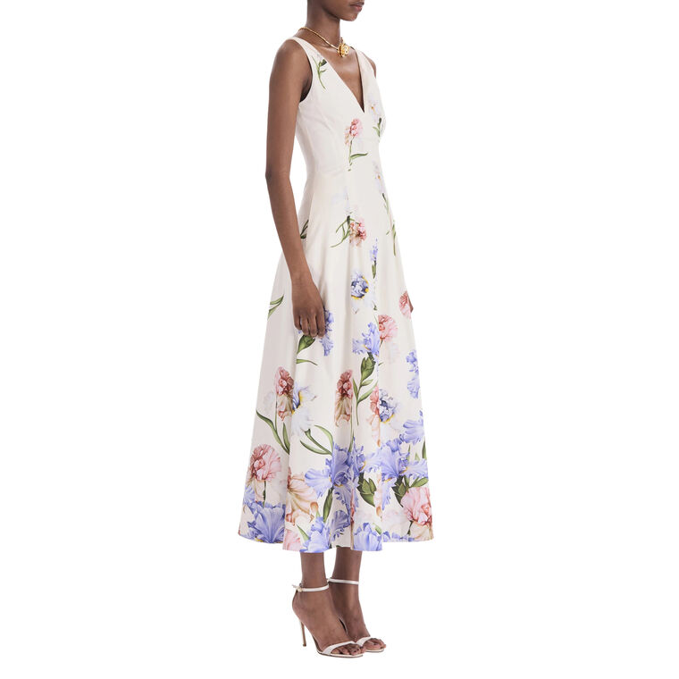 Sleeveless V-Neck Large Iris Degrade Poplin Dress image number null