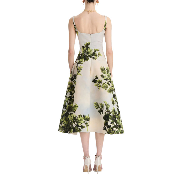 Sleeveless Scoop Neck Maple Leaves Faille Midi Dress image number null