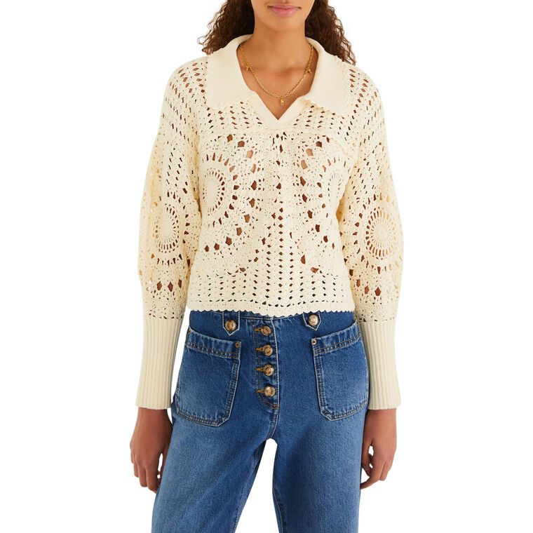 Long Sleeve Polo Crochet Sweater image number null