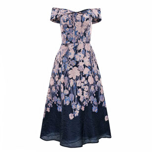 Floral Metallic Jacquard Off-The-Shoulder Fit And Flare Midi Dress