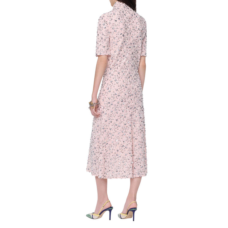 Short Sleeve Midi Dress With Silver Floral Sequin Embroidery image number null