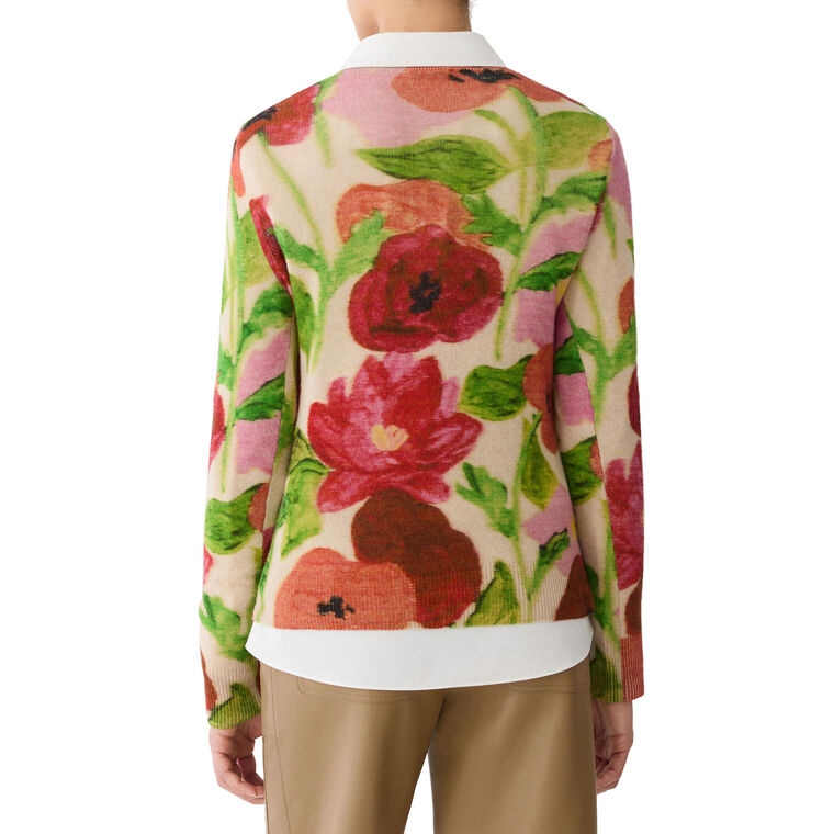 Long Sleeve Printed Blossom Crewneck Cashmere Sweater image number null
