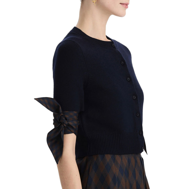 Short Sleeve Argyle Tie-Detailed Knit Cardigan image number null