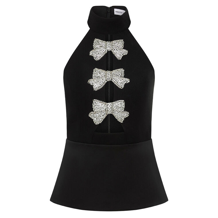 Lita Sleeveless Mockneck Top With Embellished Bows image number null
