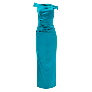 Satin Ruched Asymmetrical Off-The-Shoulder Column Gown