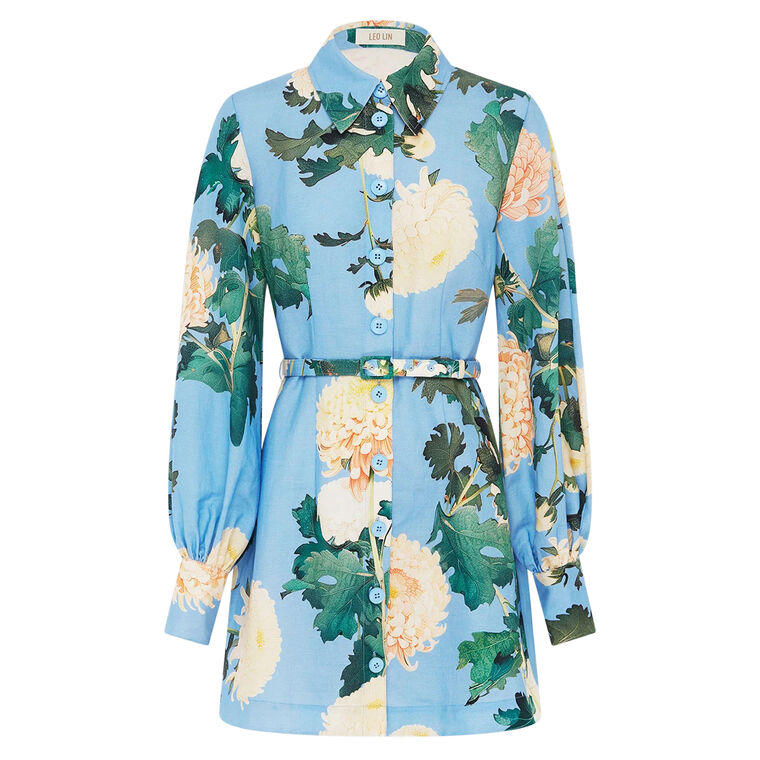 Luminous Linen Belted Long Sleeve Mini Dress image number null