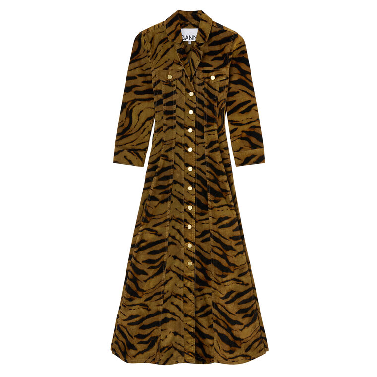 Printed Flock Denim Blazer Midi Dress image number null