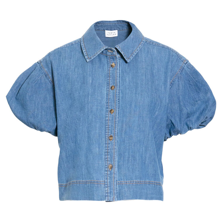 Elza Short Puff Sleeve Chambray Denim Top image number null