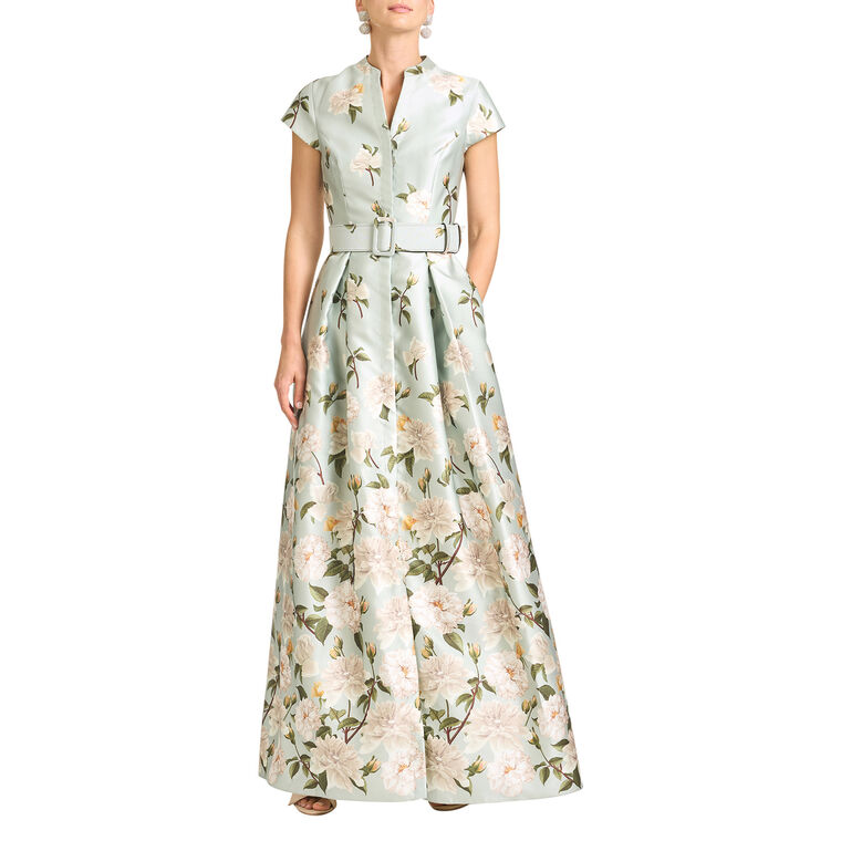 Marta Short Sleeve Belted Floral Gown image number null
