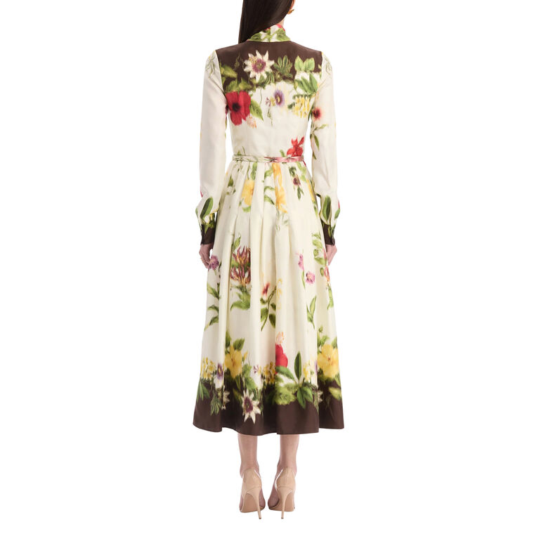 Long Sleeve Tie Neck Dominican Mixed-Floral Silk Twill Midi Dress image number null