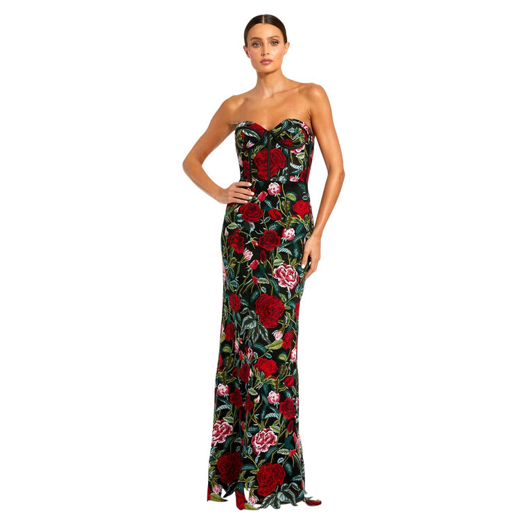 Sheer Bustier Top Floral Applique Strapless Gown image number null