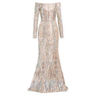 Sequin Embroidered Off-The-Shoulder Gown