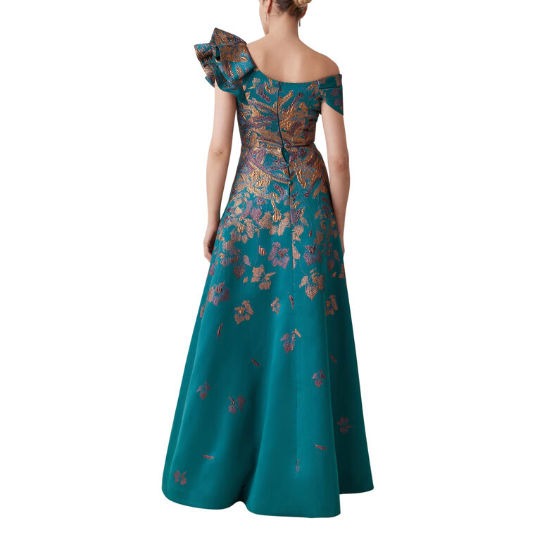 Metallic Jacquard Asymmetrical Ruffle Shoulder Floor-Length Gown image number null