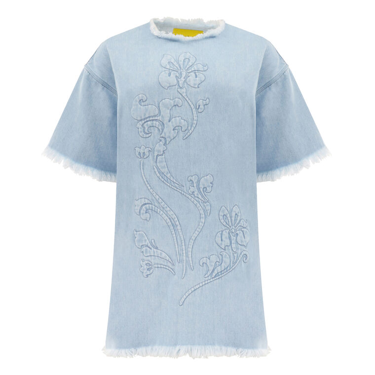 Short Sleeve Denim T-Shirt Dress With Flower Embroidery image number null