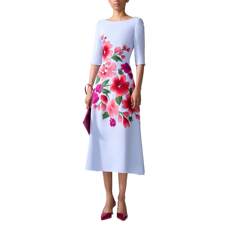 Floral-Embroidered Boat Neck Elbow Sleeve Midi Dress image number null