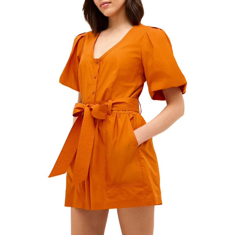 Devin Puff Sleeve Belted Romper image number null