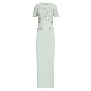 Strapless Crystal Floral Embroidered Wool Gown