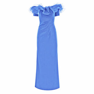 Ruffled Off Shoulder Crepe Gown