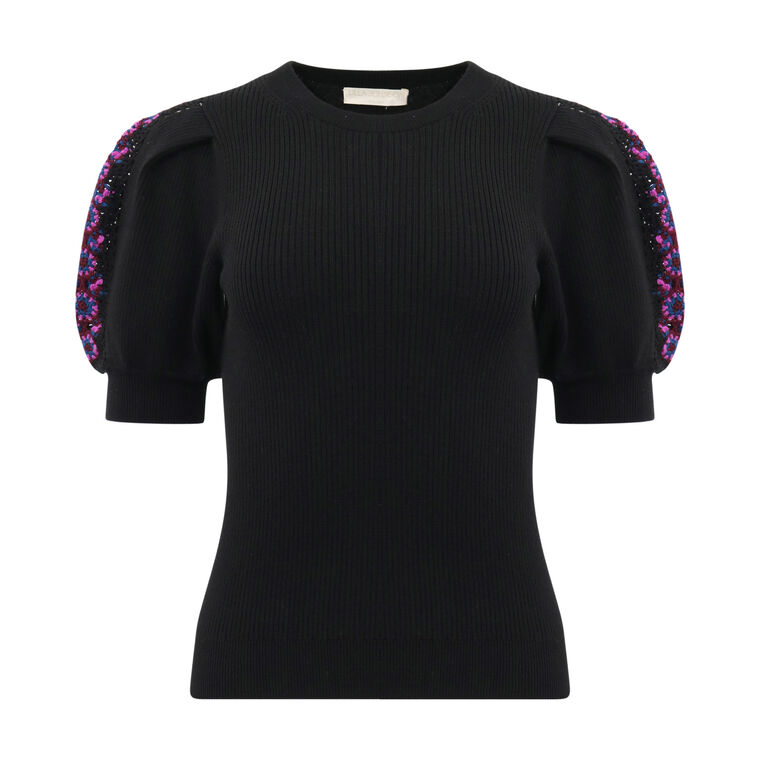 Harper Crochet-Trim Short-Sleeve Merino Wool Top image number null