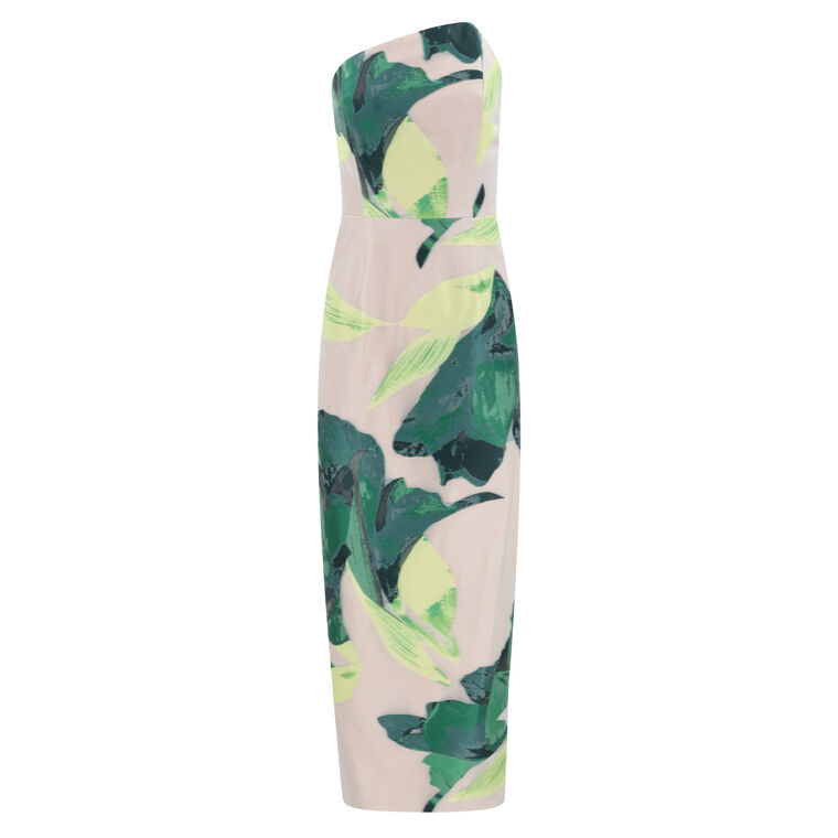 Asymmetrical Tropical Forest Jacquard Midi Dress image number null
