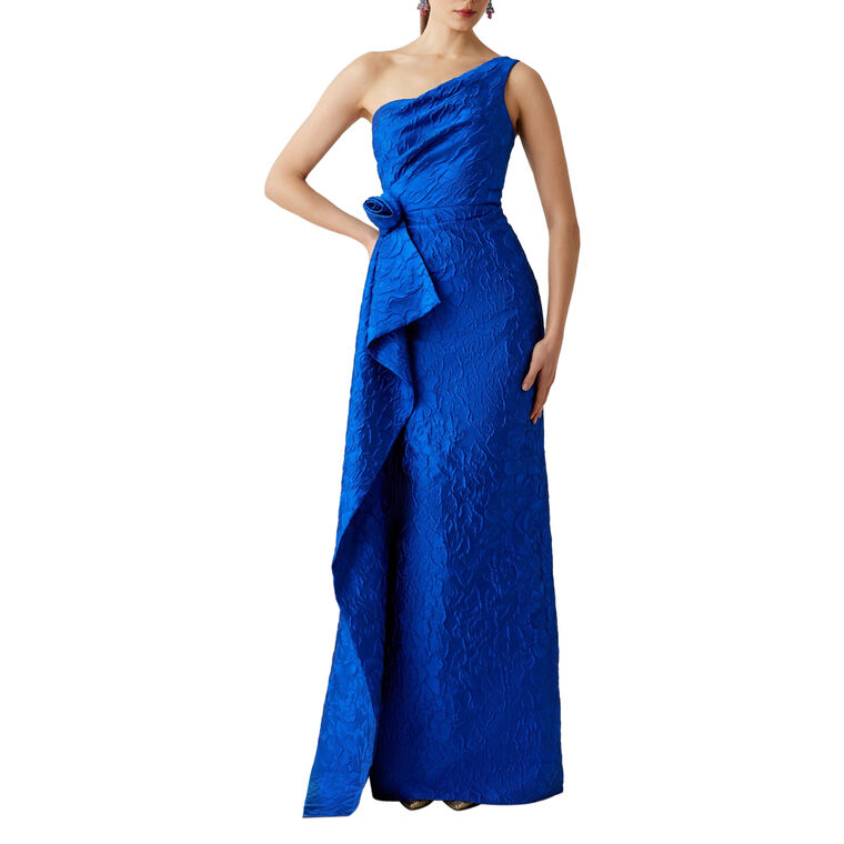 One Shoulder Draped Bow Tonal Jacquard Gown image number null