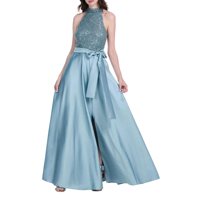 Sleeveless Glass Stretch Bead Mock Neck Gown With Taffeta Skirt image number null