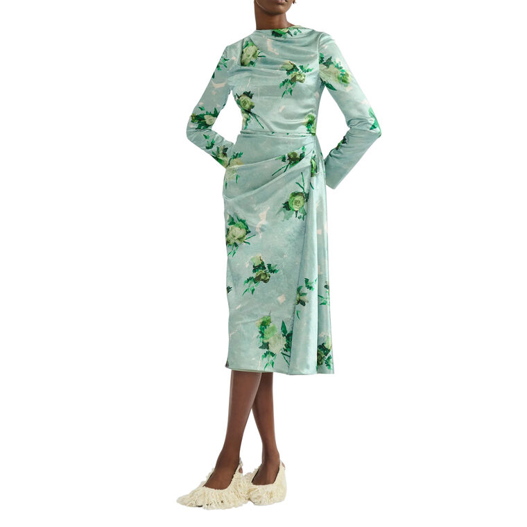 Long Sleeve Crushed Satin Draped Midi Dress image number null