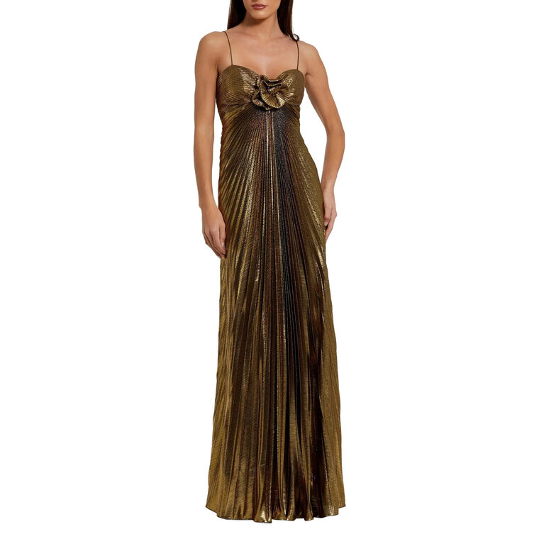 Sleeveless Metallic Pleated Gown With 3D Flower image number null