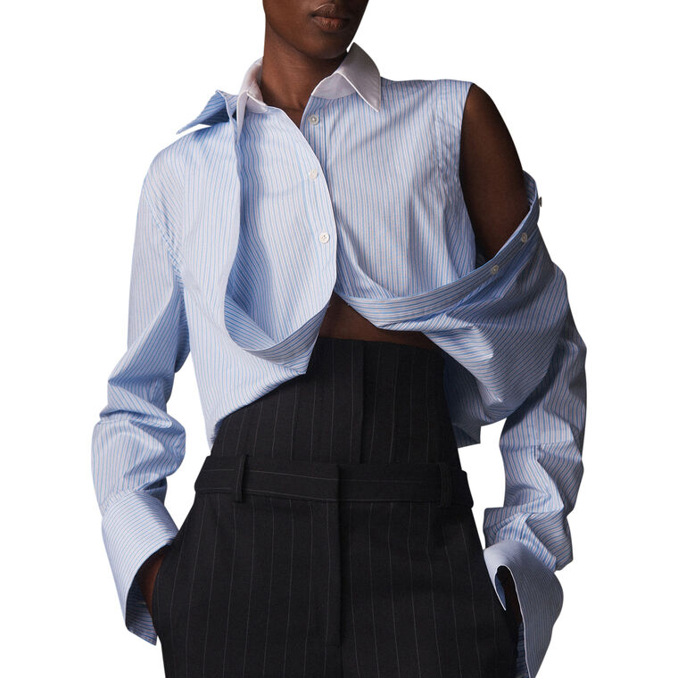 Long Sleeve Fold Up Cropped Pinstripe Button Down Shirt image number null