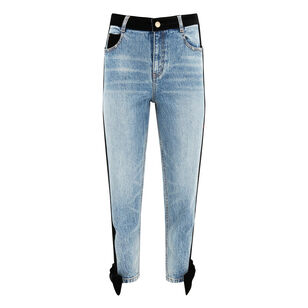 Libby Velvet Stripe Bow Straight-Leg Ankle Jean