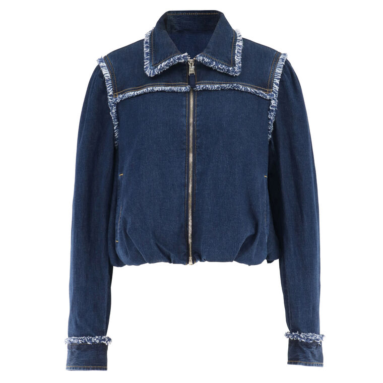 Bicolor Fringe Indria Bubble Hem Denim Jacket image number null