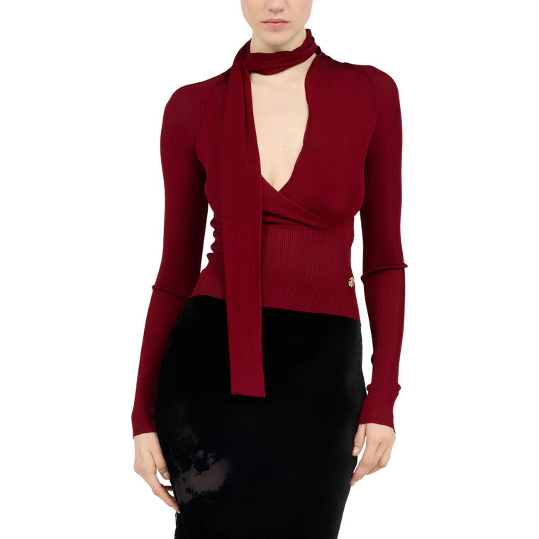 Stretch Viscose Knit Long Sleeve Wrap Over Sweater image number null