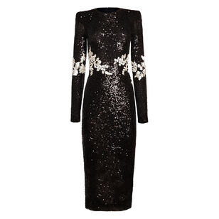 Floral Applique Stretch Sequined Midi Dress