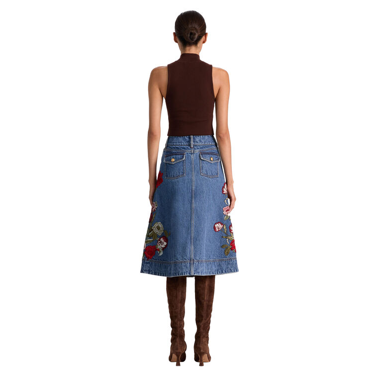 Dahlia Embroidered Denim Button Down Midi Skirt image number null